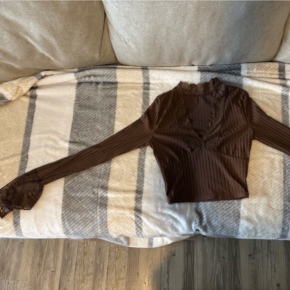 Brown Long Sleeve Top with Lace Detail